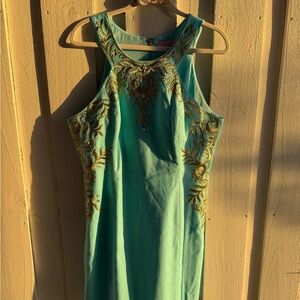 Lilly Pulitzer Elegant Teal and Gold Embroidered Dress